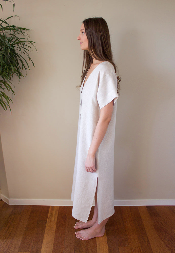 The Adelia Dress is a loose fitting linen design with button down front, side splits, and in seam pockets. Sew it in 2 lengths, midi or mini.