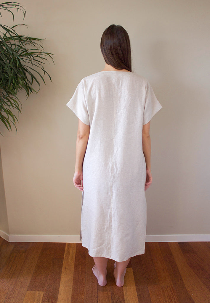 The Adelia Dress is a loose fitting linen design with button down front, side splits, and in seam pockets. Sew it in 2 lengths, midi or mini.